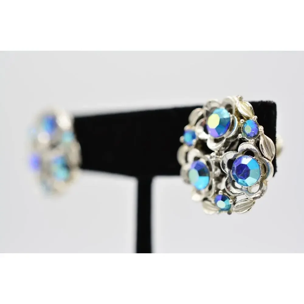 Star Vintage Screw Back Earring Blue AB Rhinestone Crystal Enamel Signed BinAB